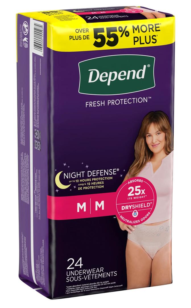 Depend Night Defense Adult Diapers, Incontinence & Postpartum Bladder Leak Underwear for Women, Disposable, Overnight, Medium, Blush, 24 Count