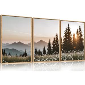 Large Mountain Sunlight Calming Framed Canvas Wall Art Set,Boho Nature Pine Tree Landscape Wall Decor,Modern Sunrise Forest Art Printing for Living Room,Bedroom-24 x36 x3