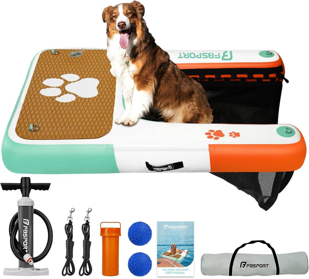 FBSPORT Inflatable Dog Boat Ramp Floating Dock Water Ladder for Pool, Boat, Non-Slip EVA Floating Ladder Pool Ramp for Dog Up to 220 LBs, Safe & Easy Access, Teal&orange White, 47"*39"*6"