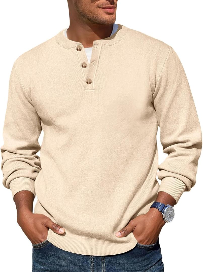 Runcati Mens Henley Knit Sweater Long Sleeve Quarter Button Pullover Sweaters Casual Fall Tops (X-Large, Beige)