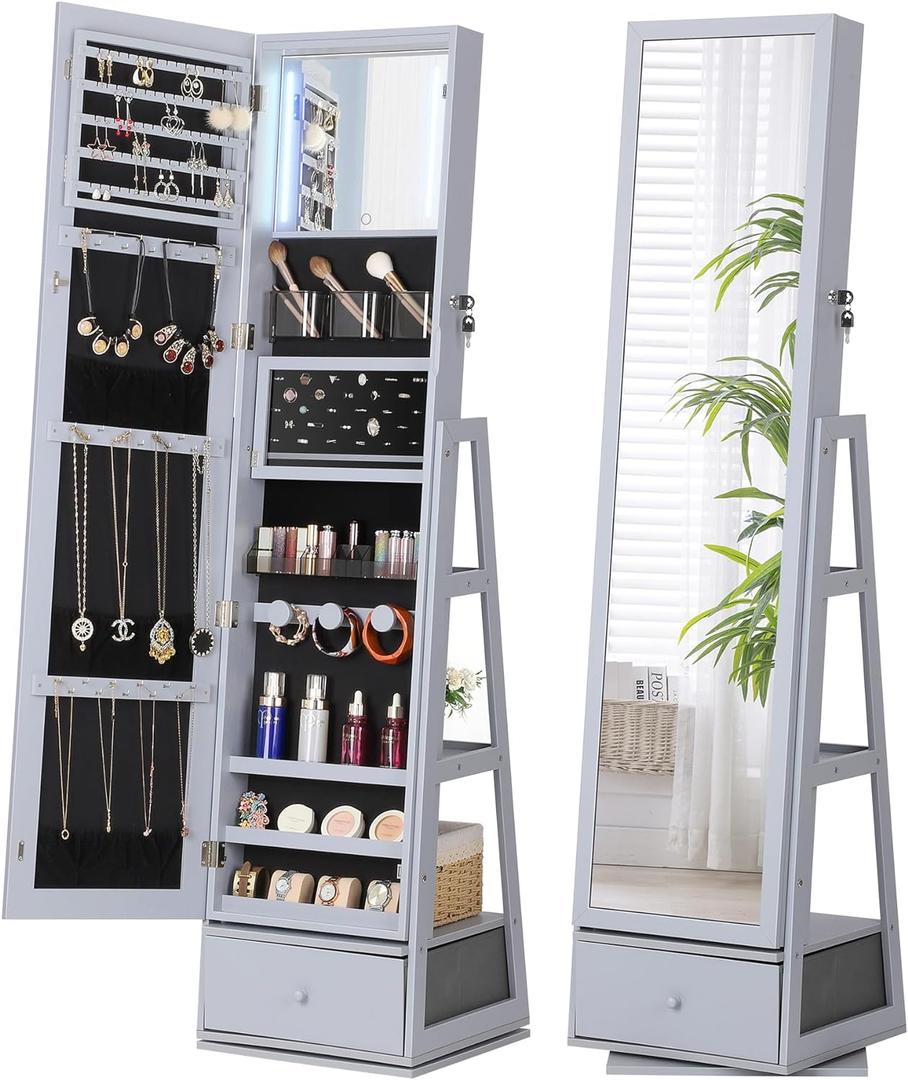 Nicetree 360 Swivel Jewelry Cabinet with Lights, Mirror Jewelry Cabinet Standing, Interior Vanity Mirror, Rotatable Full Length Mirror with Jewelry Storage, Standing Jewelry Armoire Organizer, Grey