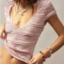 SOLY HUX Womens Lace Short Sleeve Coquette Crop Top Deep V Neck Fitted Casual Tee Shirts Aesthetic Clothes (Pink, S)