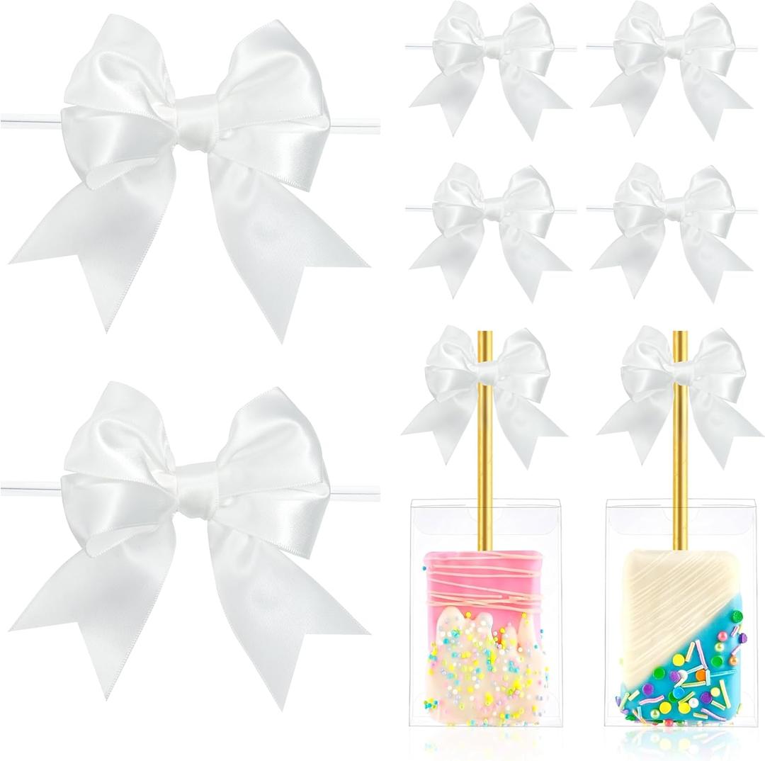 White Bows with Twist Ties 3.5 Inch Pre-Tied Double Satin Ribbon Bows for Gift Wrapping, Crafts, Wedding Decor, Treat Bags, Candy Apple, Cake Pops, Party Favors, Baby Shower (24 Pack)