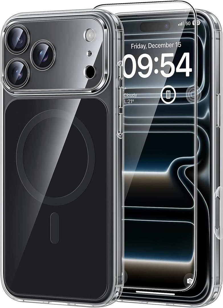 3 x TAURI Original Design for iPhone 17 Pro Case, Compatible with MagSafe with Screen Protector, Anti-Yellowing Military-Grade Protection Shockproof Magnetic iPhone 17 Pro Case, Clear Black