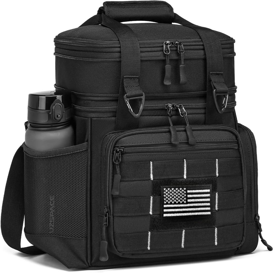 Tactical Lunch Box Cooler Bag for Men, Large Expandable Insulated Lunch box with Pockets, Heavy Duty Soft Leakproof Lunch Bag for Men Work, Camping, Picnic Outdoor Shifts, 16L Black