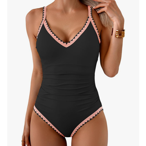One Piece Swimsuit for Women Tummy Control Color Block Bathing Suit V Neck Shell Stitched Tie Back Swimwear, L One Piece Swimsuit for Women Tummy Control Color Block Bathing Suit V Neck Shell Stitched Tie Back Swimwear, L