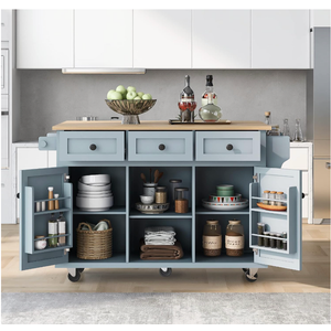 Kitchen Cart with Rubber Wood Drop, Leaf Countertop, Kitchen Island on 5 Wheels with Storage Cabinet and 3 Drawers for Dinning Room (Grey Blue)