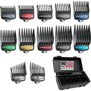 Wahl Genuine SECURE-SNAP Guide Comb Set with Colored Metal Clips and Guard Organization Caddy, 12 Full Size Attachment Guards from 1/16 to 1 for Increased Cutting Performance Grey - 3291-300
