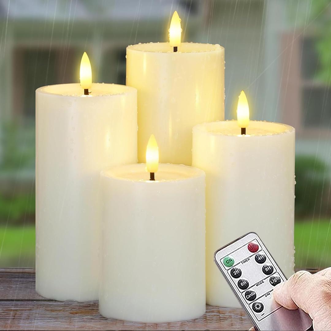 Yeelida Outdoor 4pcs Flameless Waterproof Candles with Handy Remote Control, Cycle Timer Battery Operated Candle Grease Effect LED Flickering Pillar Plastic Long Lasting (Ivory, 3" x4" 5" 6" 7")