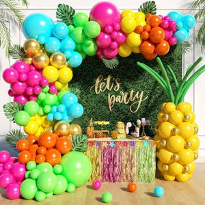 148pcs Tropical Balloon Arch Kit with Hot Pink Lime Green Teal Yellow Orange Metallic Gold Green Long Balloons fo Luau Tropical Hawaiian Pool Birthday Party Decorations