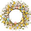 TEMPUS 20" Easter Wreath for Window Mantel Indoor - Natural Willow with Yellow Forsythia & Pastel Eggs - Spring Decor for Apartment Interior Door