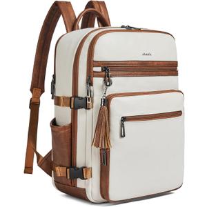 Shrrie Laptop Backpack for Women,Vegan Leather Backpack Work Computer Backpacks fits 16" Laptop,Water Resistant Teacher Nurse Casual Daypack for Weekender Camping Travel,Beige with Brown