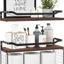 Floating Shelves with Wire Storage Basket, Bathroom Shelves Over Toilet with Protective Metal Guardrail, Wood Wall Shelves for Bathroom, Bedroom, Living Room, Toilet Paper- Dark Brown