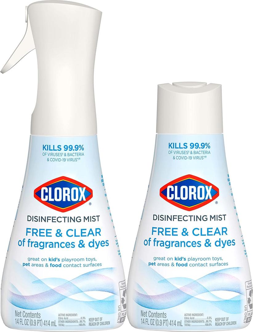 Clorox Free & Clear Disinfecting Mist, Household Essentials, 1 Spray Bottle and 1 Refill, 14 Fl Oz Each