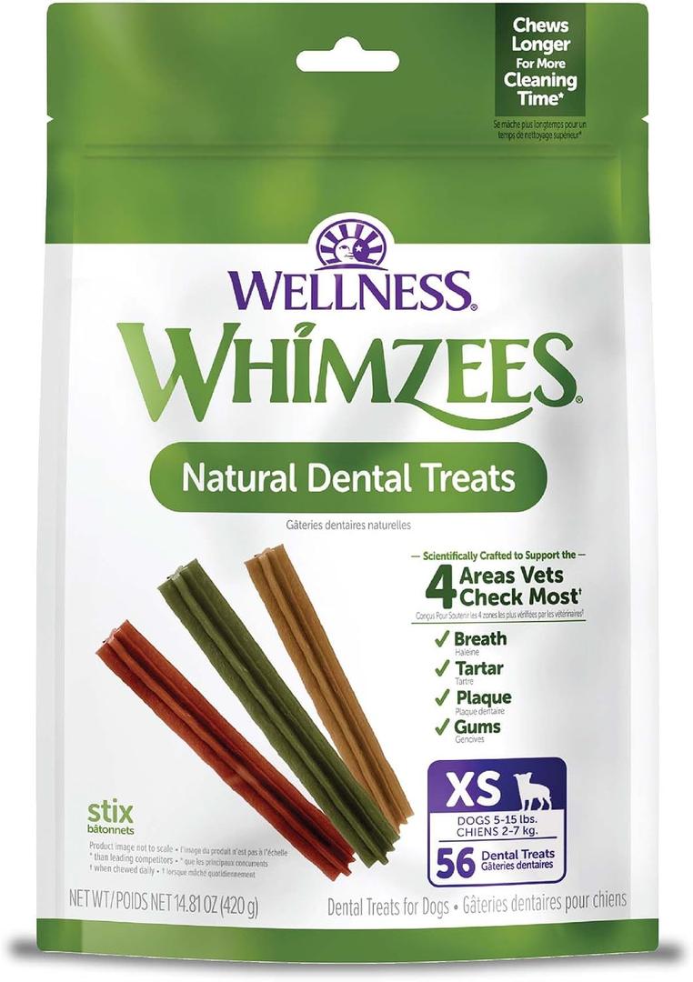 Wellness WHIMZEES Stix Natural Dog Dental Treat, Chews, Freshens Breath, Extra-Small Size, 14.81 oz Bag, 56 Count (EXP 07/14/29)