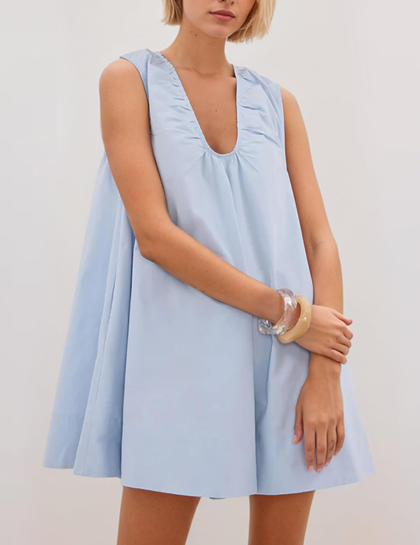 MISSACTIVER Women's Sleeveless Babydoll Tank Mini Dress Scoop Neck Ruched Short Dress with Pockets Size M