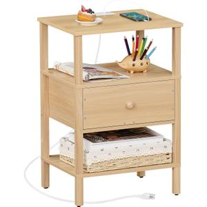 Lerliuo Nightstand with Charging Station and USB Ports, 3-Tier Storage End Table with Drawer Shelf, Night Stand for Small Spaces, Wood Bedside Table for Living Room, Bedroom - Natural Wood