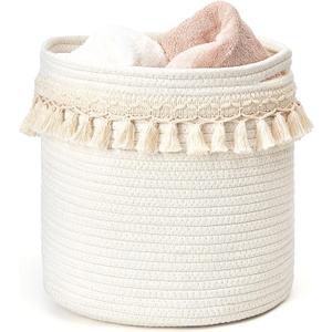 Mkono Macrame Decorative Cotton Rope Basket Boho Nursery Decor Small Cute Woven Tassel Closet Storage Bins Organizer for Baby Toys,Magazines, Potted Plants Cover,Living Room,Bedroom, 11"x11"