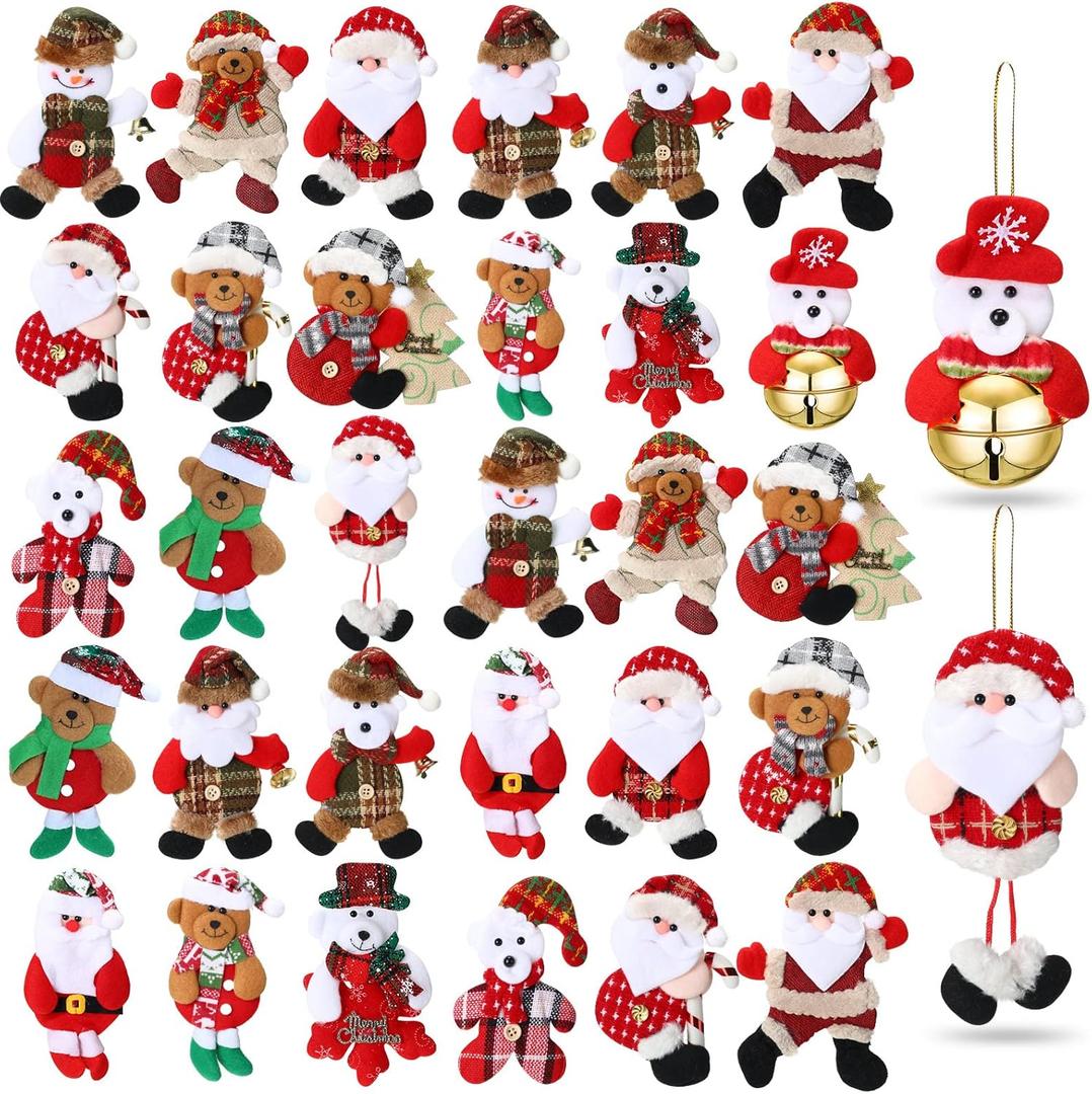 Jerify 32 Pcs Christmas Tree Plush Ornaments Bulk Santa Snowman Bear Hanging Decorations Pendant Plush Doll Ornaments for Holiday Party Decor Festival Gift