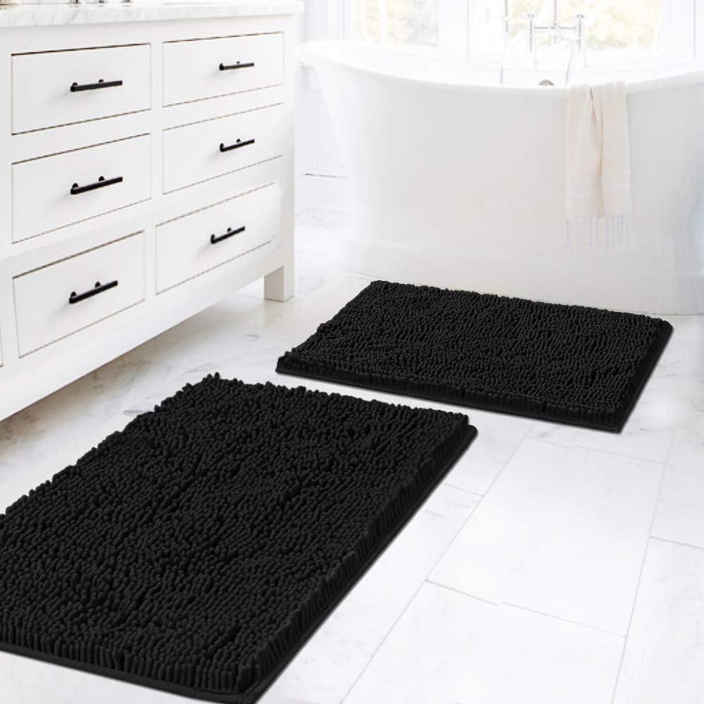 H.VERSAILTEX Black Bathroom Rug Set 2 Piece, Bath Mats for Bathroom Floor, Super Thick Soft Shaggy Chenille Bath Mats Machine Washable, Dry Fast Water Absorbent Bath Mats(20" x 32"/17" x 24")