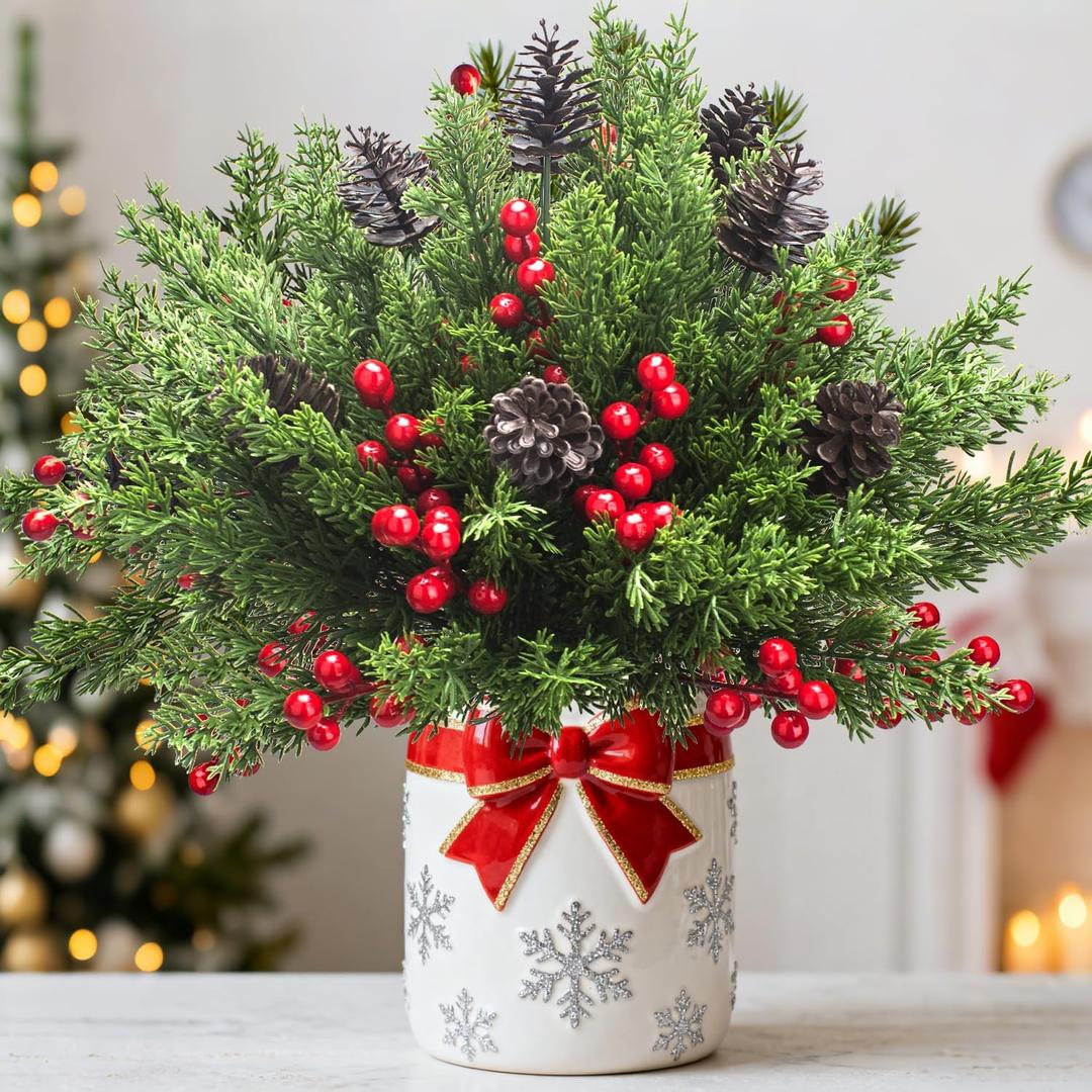 68 Pcs Christmas Decorations Artificial Pine Greenery Picks with Pinecones & Berries, Fake Snowy Mixed Evergreen Branches for Holiday Xmas Tree Mantle Table Centerpiece Decor