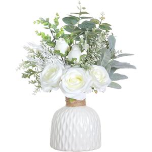 FOTEEWL Artificial Flowers with Ceramic Vase,Faux Silk Roses and Fake Plant Eucalyptus in Vase for Centerpiece Table Decorations, Living Room,Dining Table,Fireplace,Office,Farmhouse,Home Decor(White)