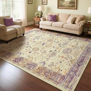 Przemy Area Rug for Living Room, Washable 5x7Ft Non-Slip Area Rugs for Bedroom,Non-Slip Floral Carpet for Home Office Nursery Dining Room Kitchen, Purple and Beige