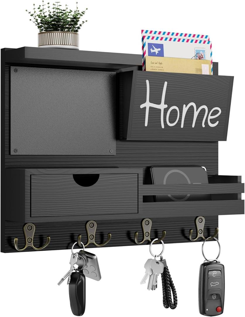 Farmhouse Key Holder for Wall with Mail Organizer - Easy Installation Wall Mount Organizer, Includes Chalkboard, Drawer, Wallet Holder & 4 Double Hooks, Ideal for Entryway, Quick Access - Black