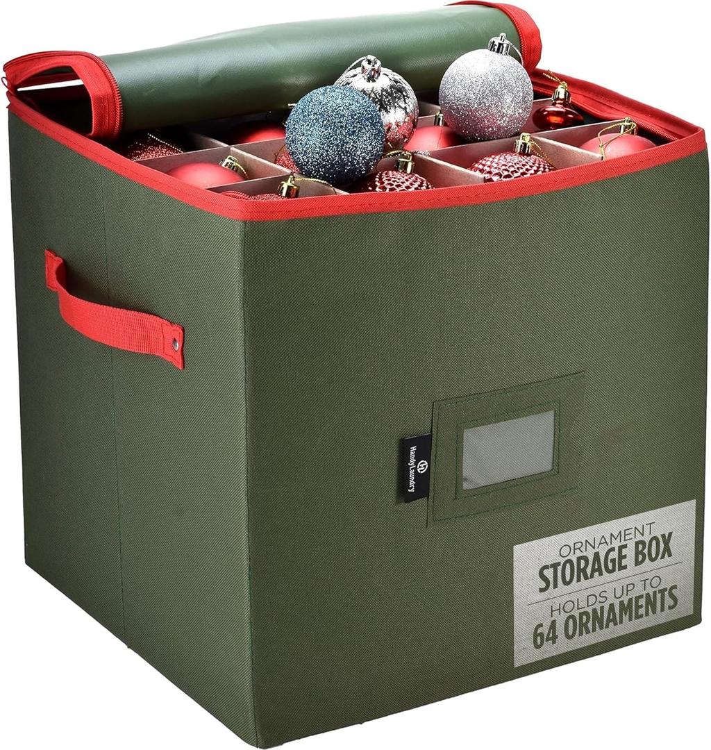 Handy Laundry, Christmas Ornament Storage, Stores up to 64 Holiday Ornament, Adjustable Dividers, Zippered Top, Two Handles Attractive Storage Box Keeps Decorations Clean & Dry for Next Season, Green