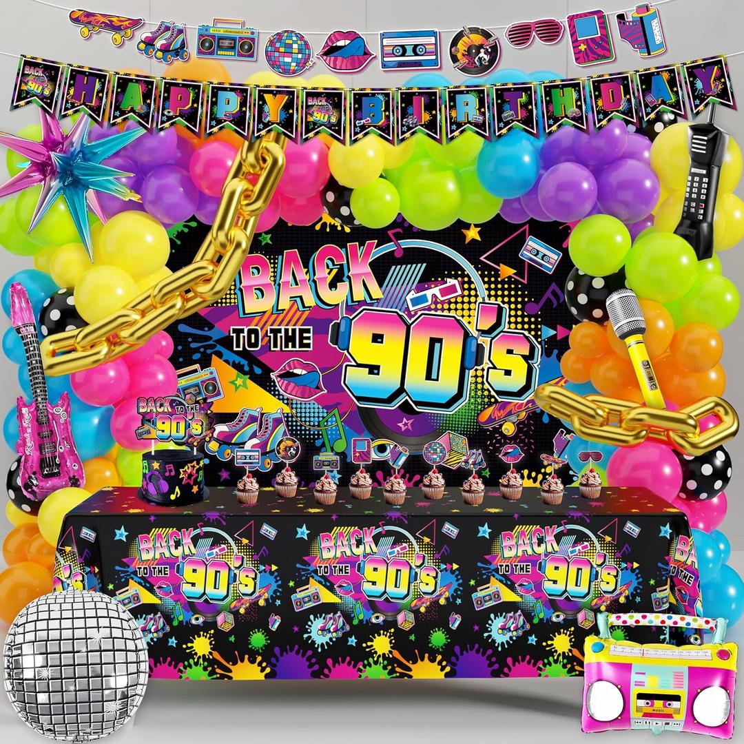 90s Party Decorations 80s Disco Theme Birthday Party Supplies with Back to the 90's Backdrop Tablecloth Happy Birthday Banner 90s Balloon Arch Kit and Cake Toppers