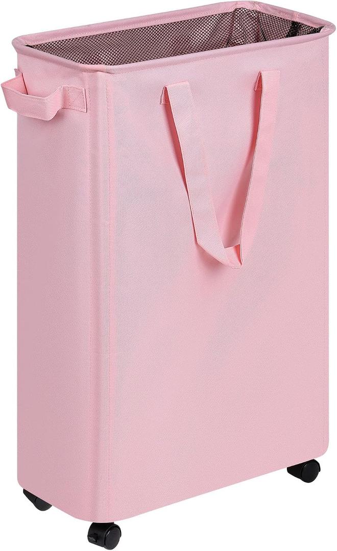 efluky Slim Laundry Hamper with Wheels, Rolling Laundry Basket for Clothes, Small Laundry Basket for Bedroom, Dorm and Laundry Room, 60L (12.7 Gallons) Pink