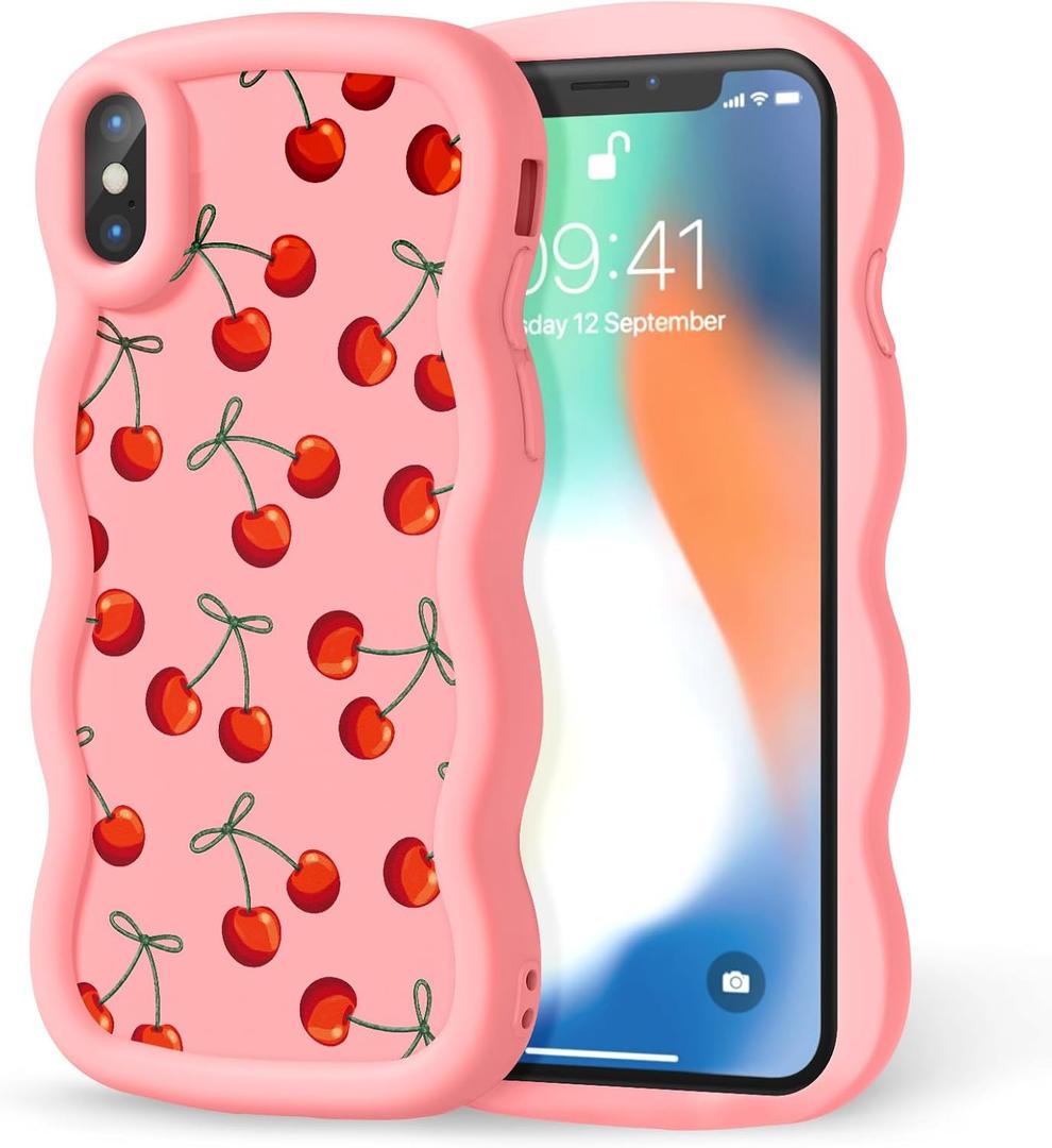 Compatible with iPhone X/iPhone Xs Case for Women Girls, Curly Wavy Frame with Cute Pattern, Aesthetic Slim Soft Silicone TPU Bumper Shockproof Phone Case for iPhone X/XS - Bow Cherry