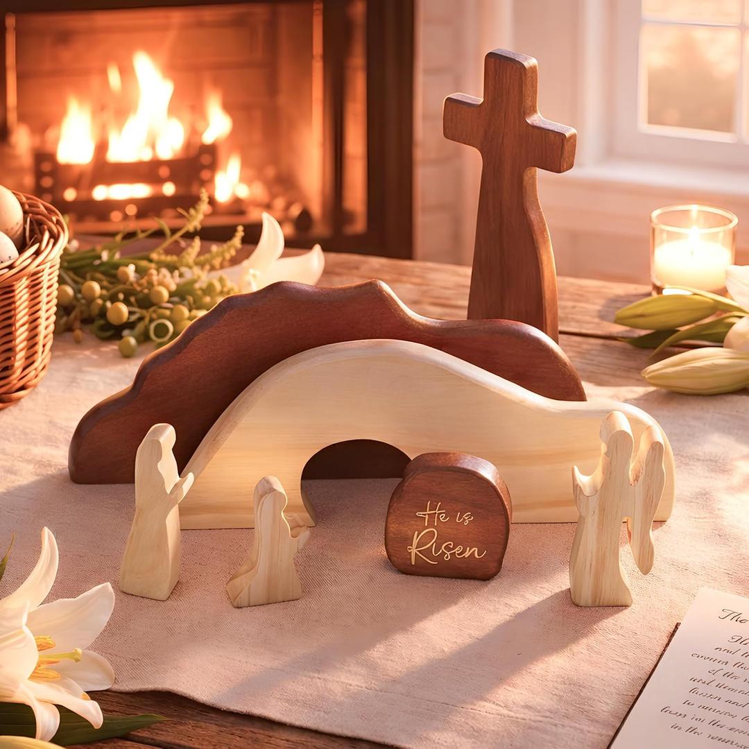 He is Risen Easter Decor Wooden Resurrection Scene with Empty Tomb, Cross & Figurines, Christian Religious Tabletop Decoration for Home, Faith Easter Gift, Easter Basket Stuffer