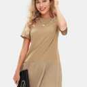 EXLURA Womens Summer Casual Short Sleeve Dress Crewneck Tshirt Dresses Pleated Aline Mini Dress 2025 Vacation Beach Sundress (Beige, M)
