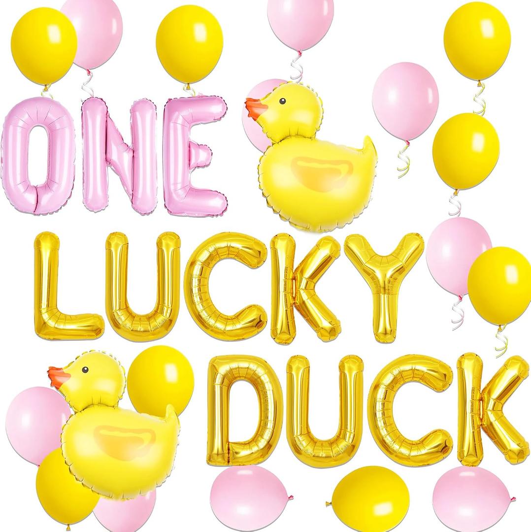 JeVenis Pink One Lucky Duck Birthday Decorations Rubber Duck First Birthday Balloon Decoration