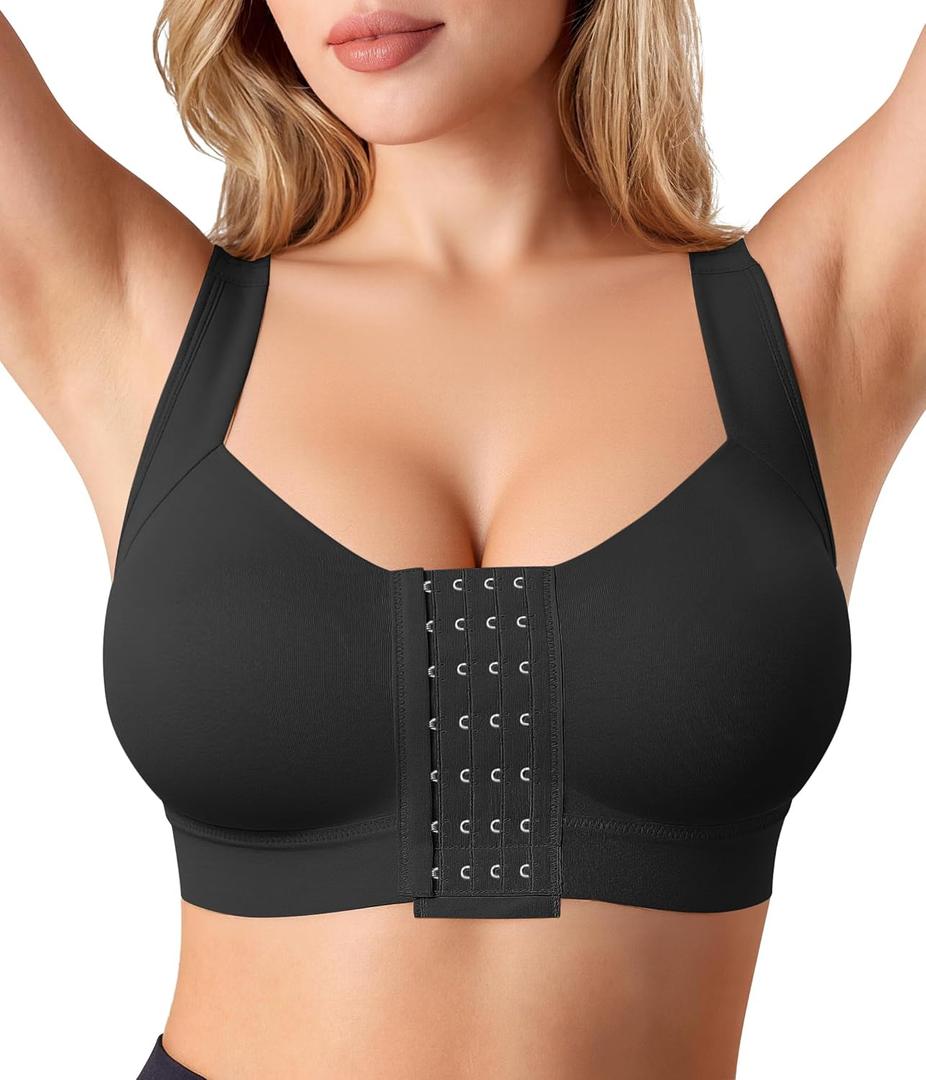 BRABIC Front Closure Post Surgery Compression Bras for Women Mastectomy Bra with Adjustable Straps Wirefree Bra (Large, Black)