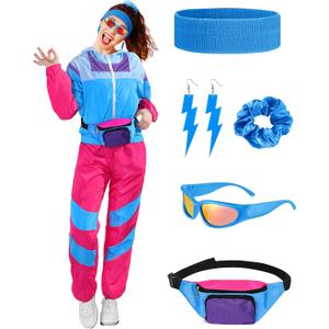 Ramede 80s Outfits for Women 90s Workout Halloween Costume Neon Wear Tracksuit Windbreaker Disco Party Accessories (Large, Cool)