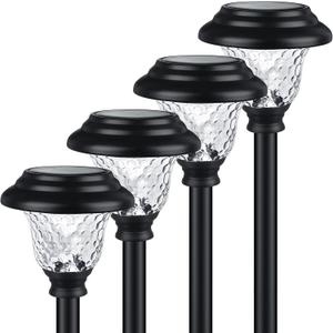 Glass Solar Lights Outdoor, 4 Pack Super Bright Solar Pathway Lights, Up to 12 Hrs Long Last Auto On/Off Garden Lights Solar Powered Waterproof, Stainless Steel LED Landscape Lighting for Yard (Cool White)
