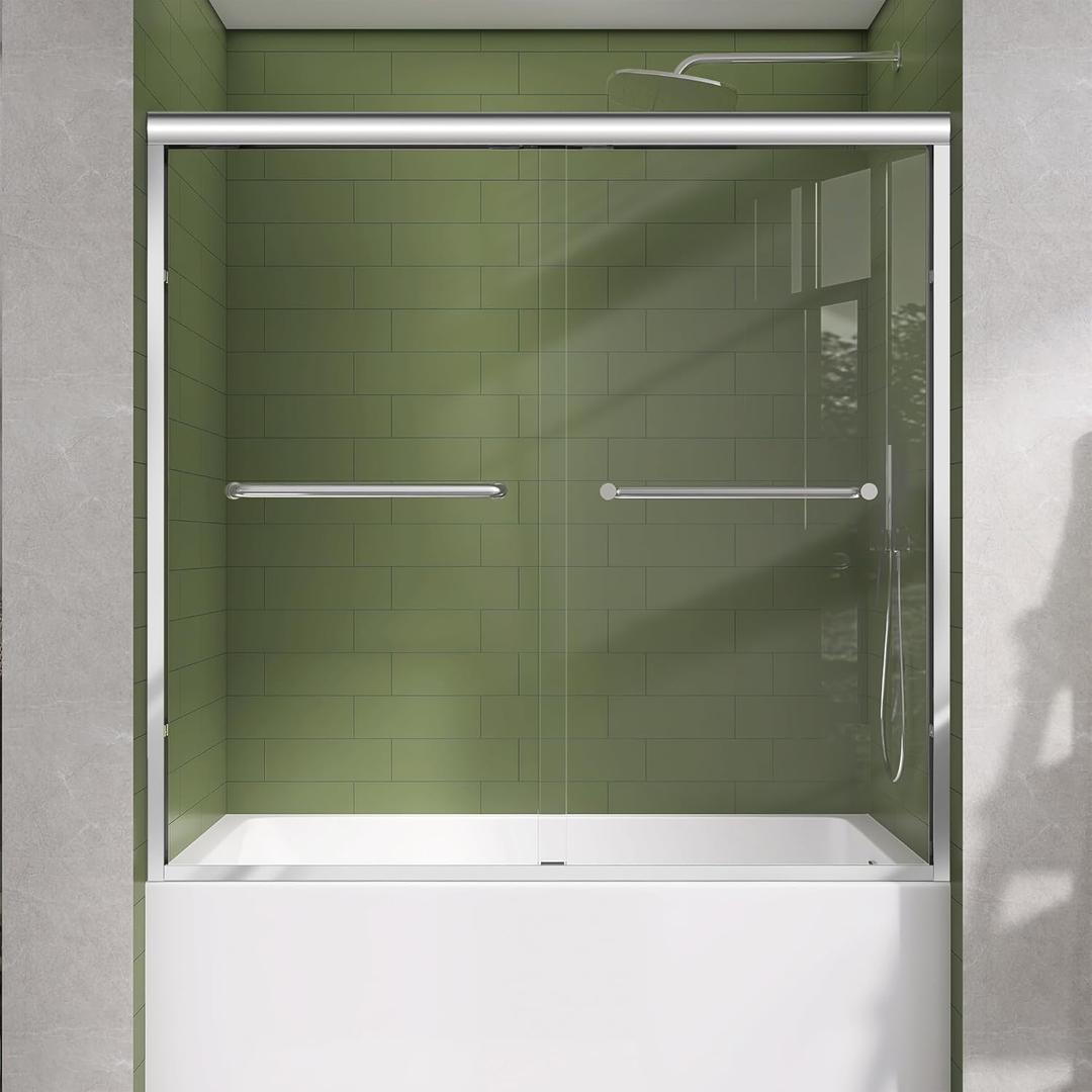 GETPRO Tub Shower Door 56-60 in. W x 58 in. H Semi-Frameless Bypass Double Sliding Bathroom Glass Tub Door,1/4 inch Clear Tempered Glass Bathtub Door Chrome Finish