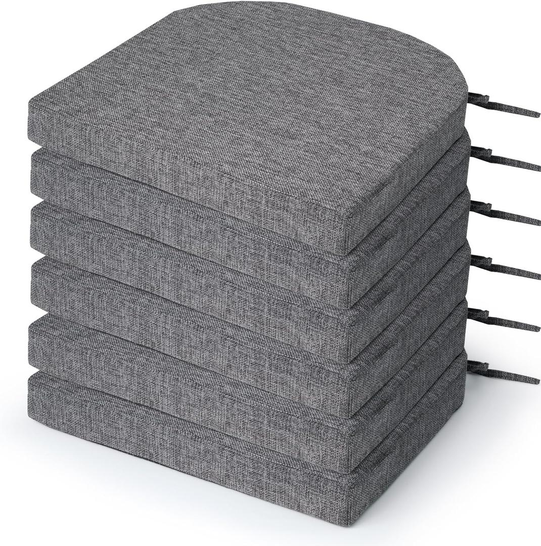 Chair Cushions for Dining Chairs 6 Pack, Foam Chair Cushion with Ties and Non Slip Backing, 16 x 16 inches Grey Chair Pads for Dining Chairs