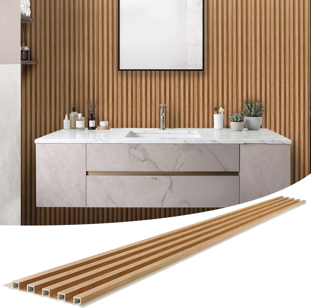 LARWORKS WPC Slat Wall Panels 8 Pack 96" x 8.2", Waterproof Fluted Wall Paneling, Accent 3D Wall Panel for Wall Decor, Bathroom, Bedroom, Office - Widen High Grille Elm (Cover Approx.44 sq.ft)