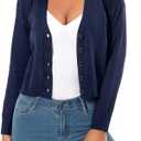 Women's Long Sleeve Cropped Cardigan Sweaters V Neck Solid Button Down Knit Shrugs, Size Large, Blue
