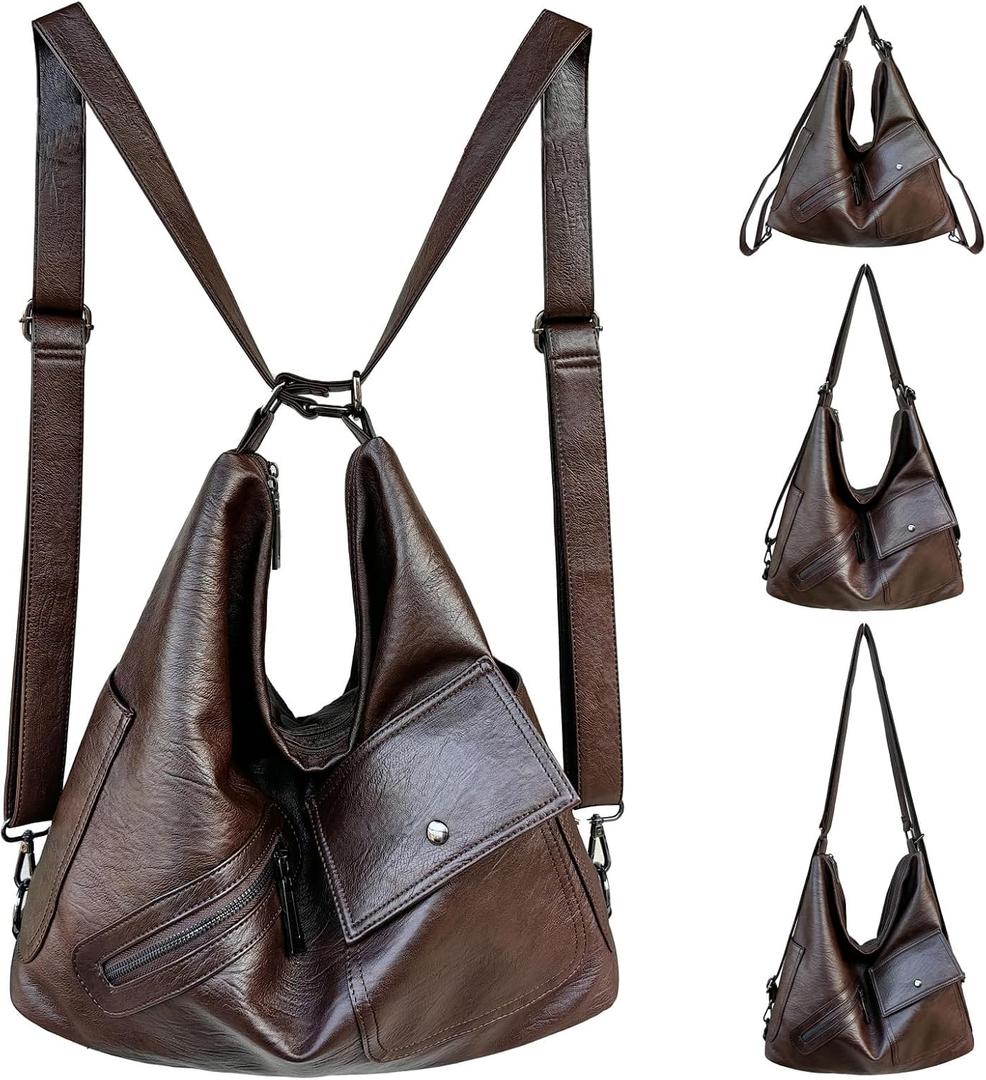 4-in-1 Convertible Crossbody Backpack Purse for Women, Large Soft Vegan Leather Casual Daily Work Travel Hobo Bag (PU Brown)