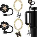 Straw Covers for Stanley Cup Accessories: Black Decorations for Stanley 30 oz & 40 oz Tumbler with Handle, Bling Letter Charms and Flower Silicone Straw Cap Topper, Trendy Stuff for Teen Girls & Women