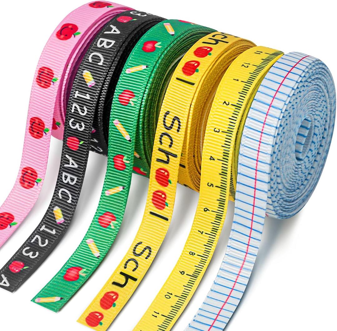 6 PCS Ruler Ribbon Teacher Themed 30 Yards, Back to School Ruler, ABC Ribbon Sewing DIY Crafts Supplies (0.39 Inches)