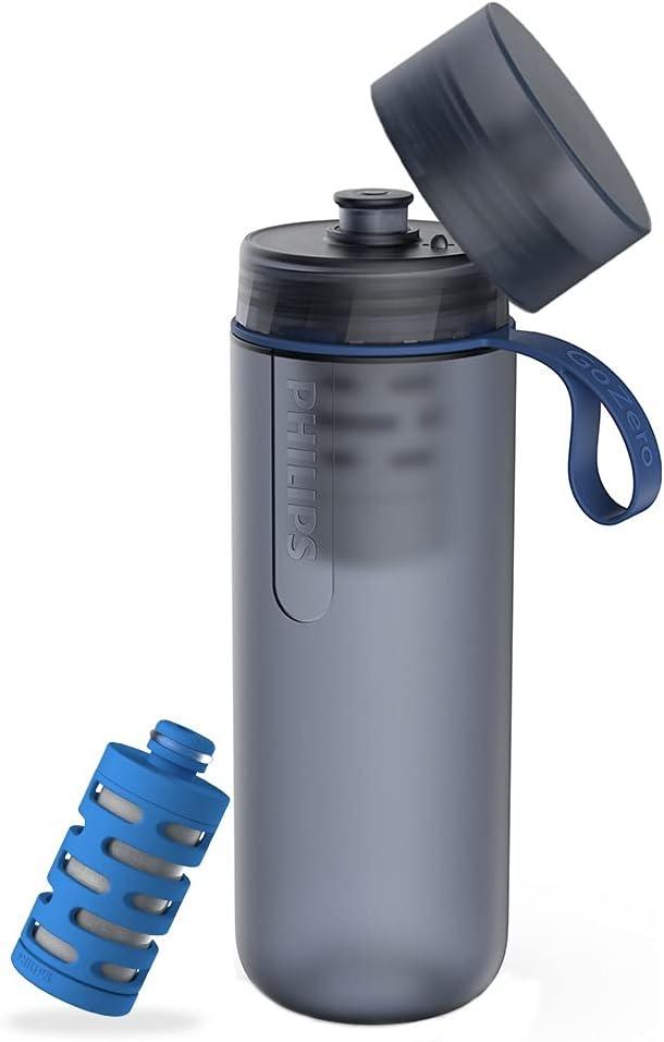 PHILIPS Water GoZero Active BPA-Free Water Bottle with Fitness Tap Water Filter, Sport Squeeze Water Bottle, Lightweight, Blue, 20 oz with Fitness Filter, Blue (20 Ounces)