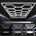 FERUERW Hexagon Garage Lights 3 Level Dimmable with Rectangle Frame, High Brightness 672W 26000 to 86400LM 6500K, 14 Hex Grid for Garage, Shop, Basement, Car Detailing Shop etc. with Mounting Clip