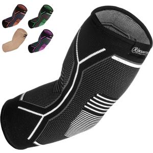 Kunto Fitness Elbow Brace Compression Support Sleeve (Shipped From USA) for Tendonitis, Tennis Elbow, Golf Elbow Treatment - Reduce Joint Pain During Any Activity! Medium, White-Gray