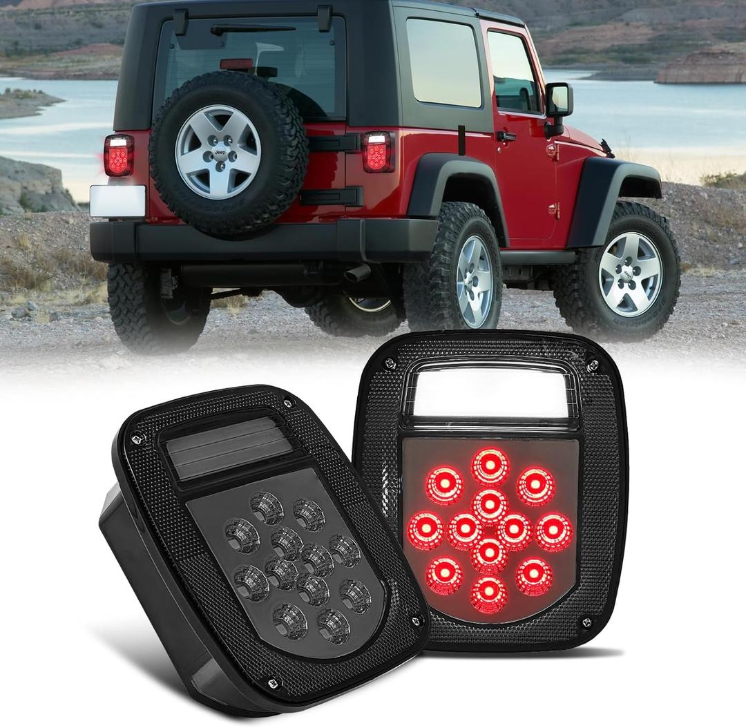 Universal LED BAR Rear Tail Lights for 1976-2006 Jeep Wrangler YJ TJ CJ Trailer Truck Flatbed, Square Brake Tail Lamps Turn Signal Backup Reverse Light w/License Plate Light, Smoked (Black)