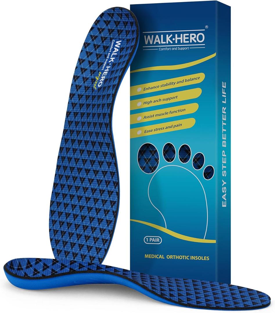 Walkhero Arch Support Insoles - Plantar Fasciitis Orthotic Shoe Inserts with Everyday Comfort and Support, Relieve Foot Pain and Flat Foot (Mens 6-6 1/2 | Womens 8-8 1/2 Blue) (Mens 6 - 6 1/2 | Womens 8 - 8 1/2, Blue)